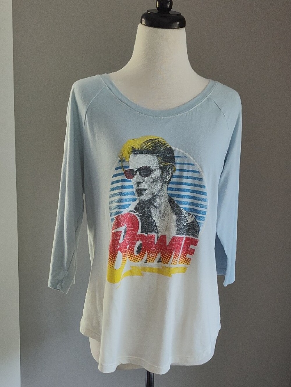 Vintage David Bowie Graphic 3/4  Sleeve Tee - Light Blue/White